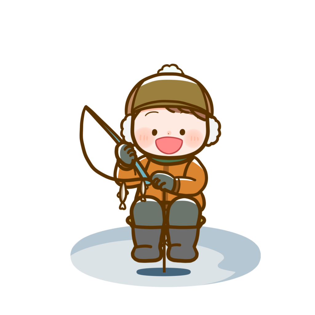 ワカサギ釣りをするこども　背景あり